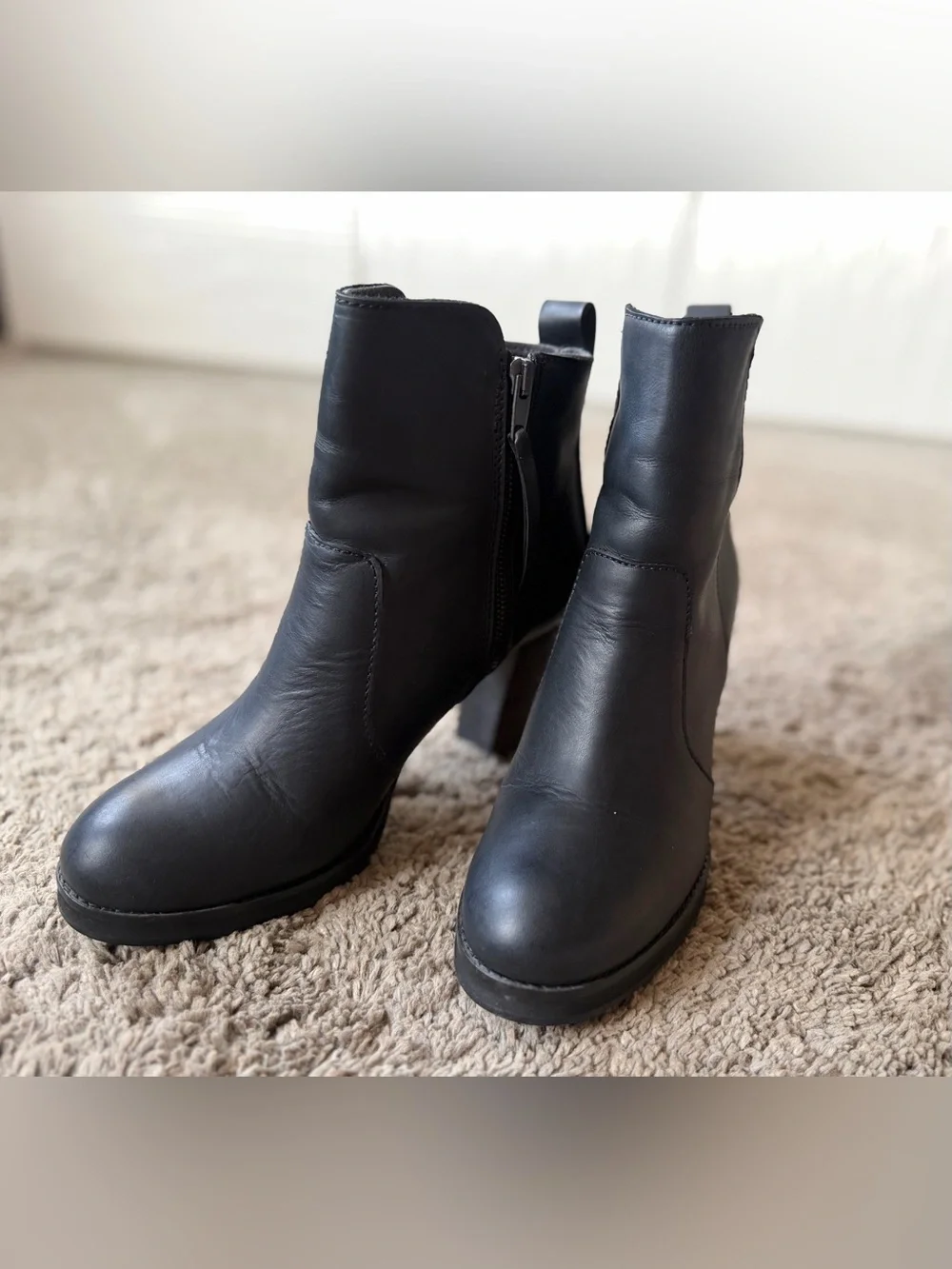 French Brand Loft Black Leather Ankle Boots Block Heel Side Zip Women US 8